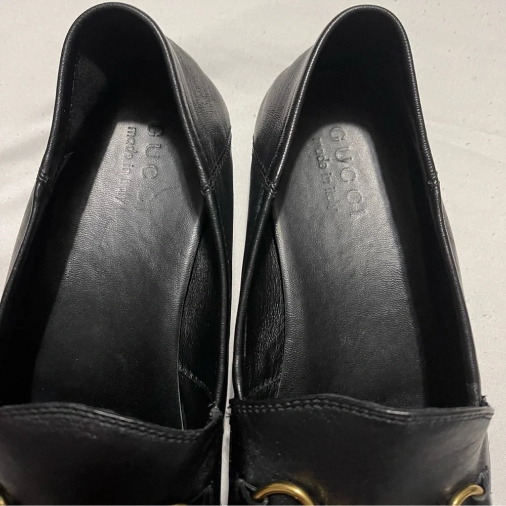 Gucci Black Leather Loafers with Gold Horse-Bit Detailing Sz 10 - Picture 7 of 12